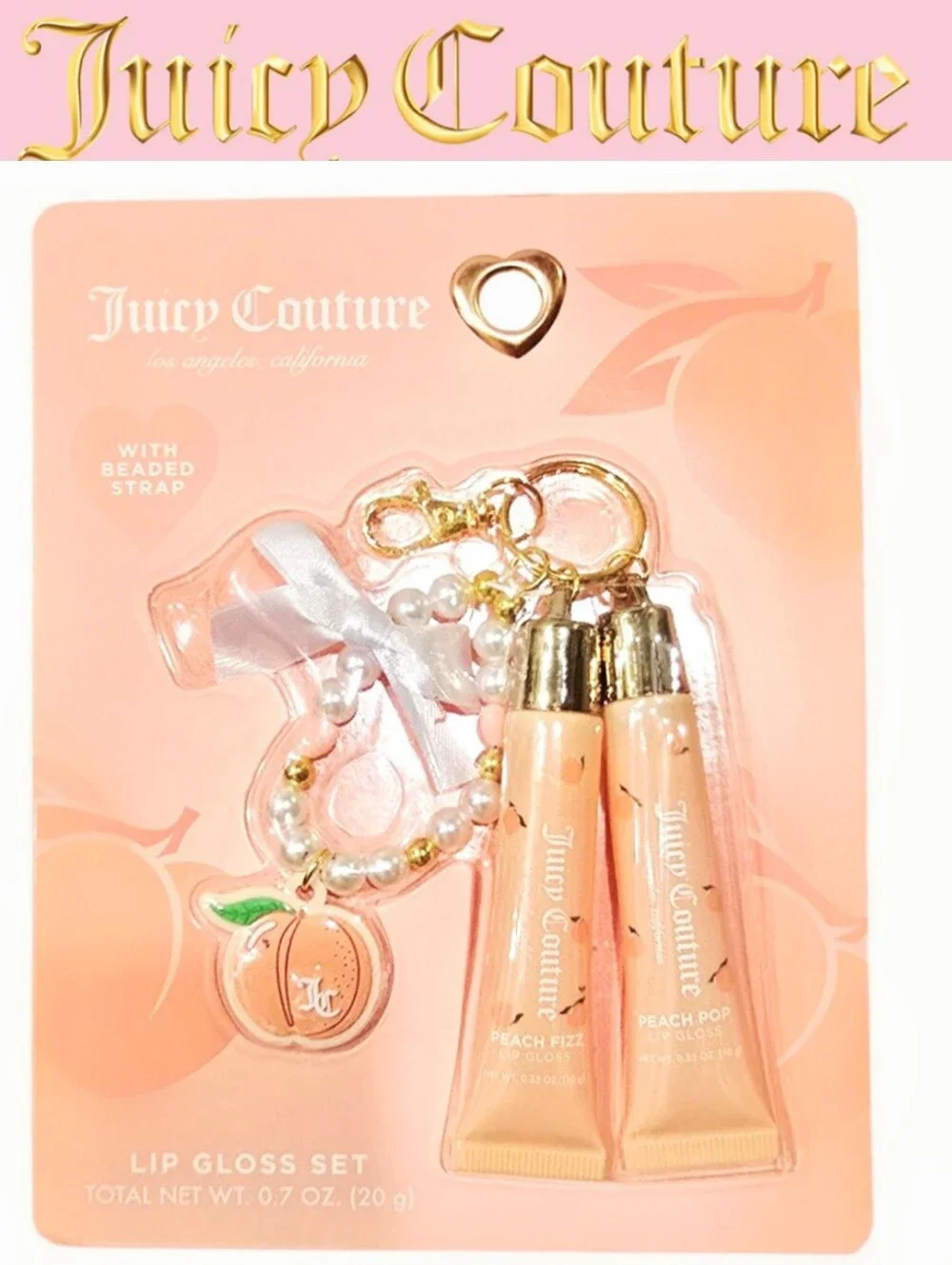 Juicy Couture Peach Lip Gloss Duo w/Beaded Charm Strap
